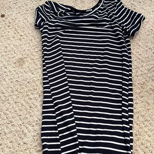 navy blue and white striped dress